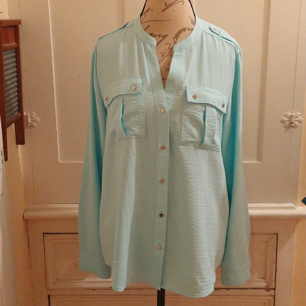 Calvin Klein aqua blouse Sz L
